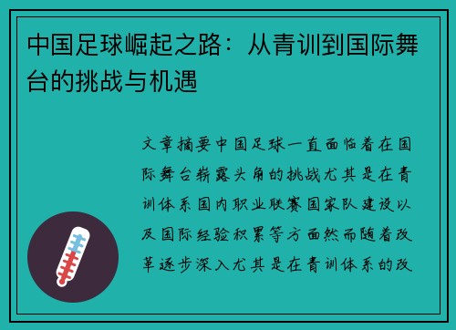 中国足球崛起之路：从青训到国际舞台的挑战与机遇